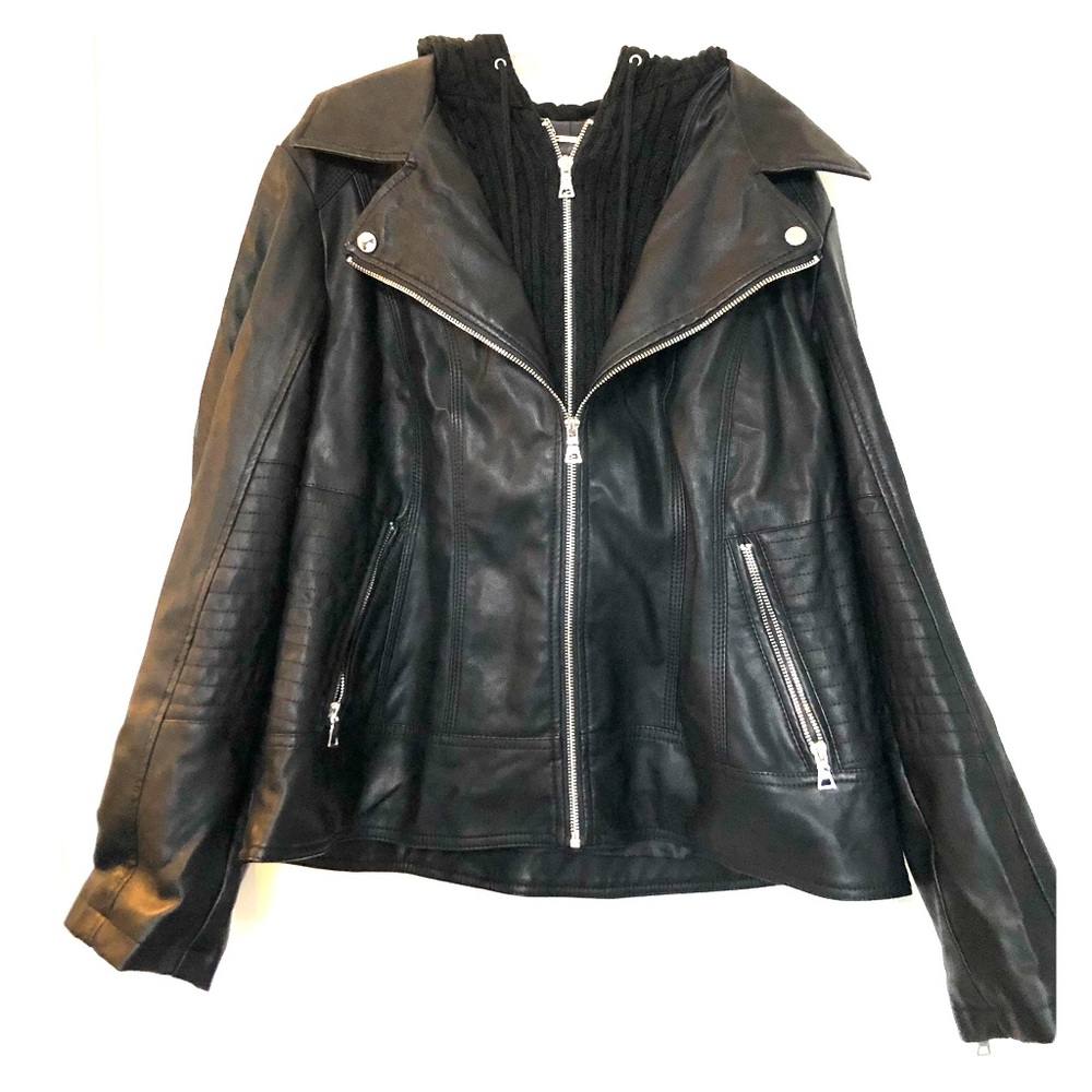Faux black leather jacket.